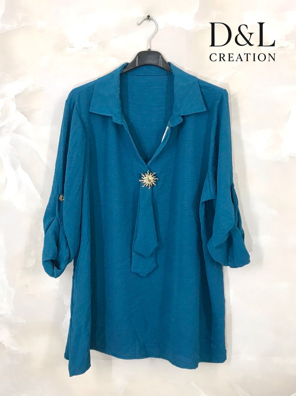 Sun brooch faux tie tunic sizes T38 to T52 i Stor Storlek