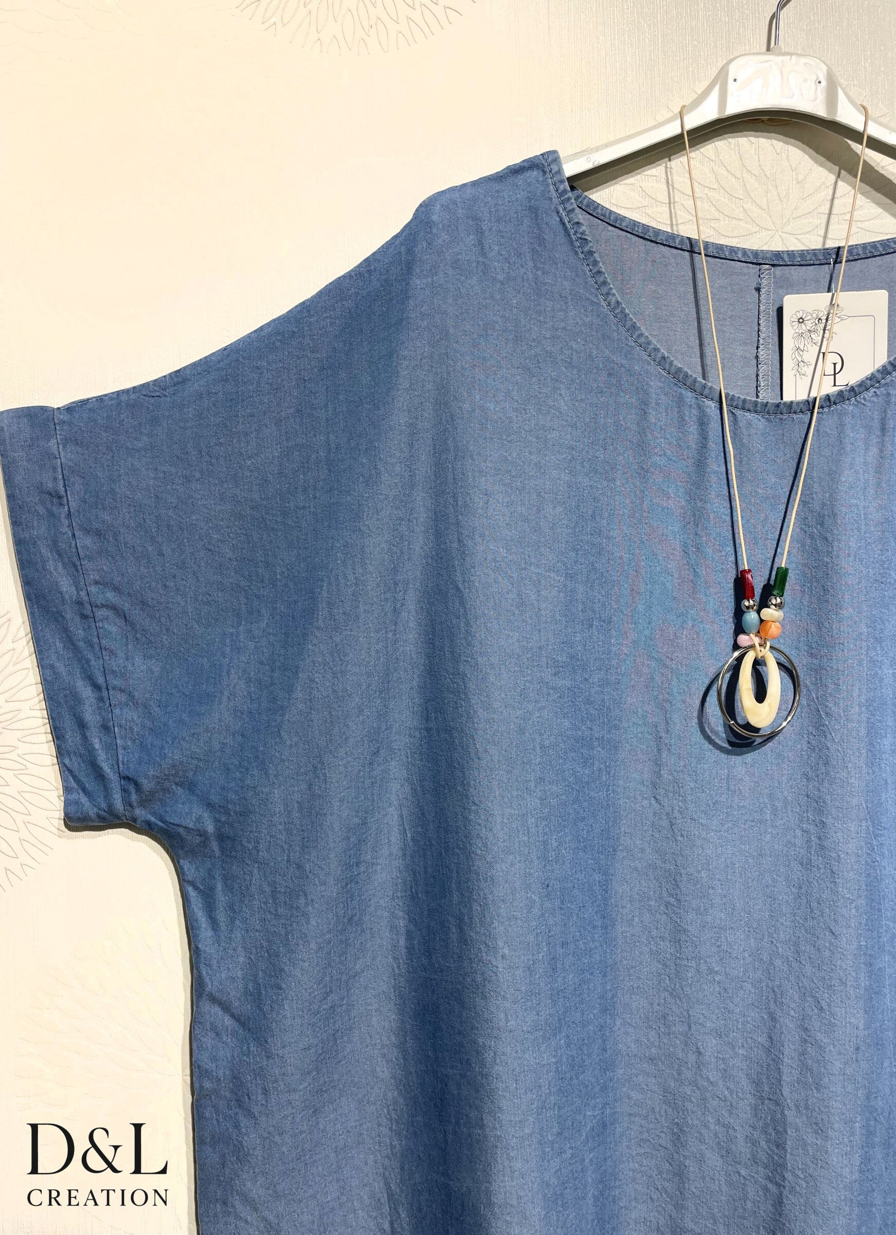 Plus Size Tencel Denim Tunic with Necklace