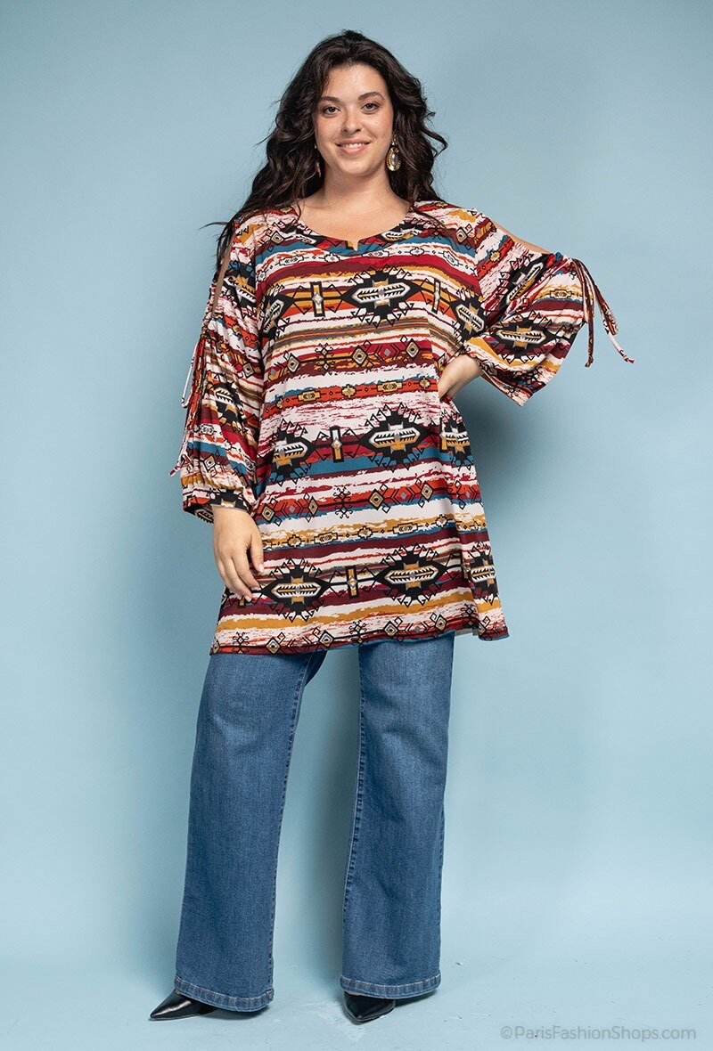 Plus Size Tryckt Tunika med Detaljerade Ärmar