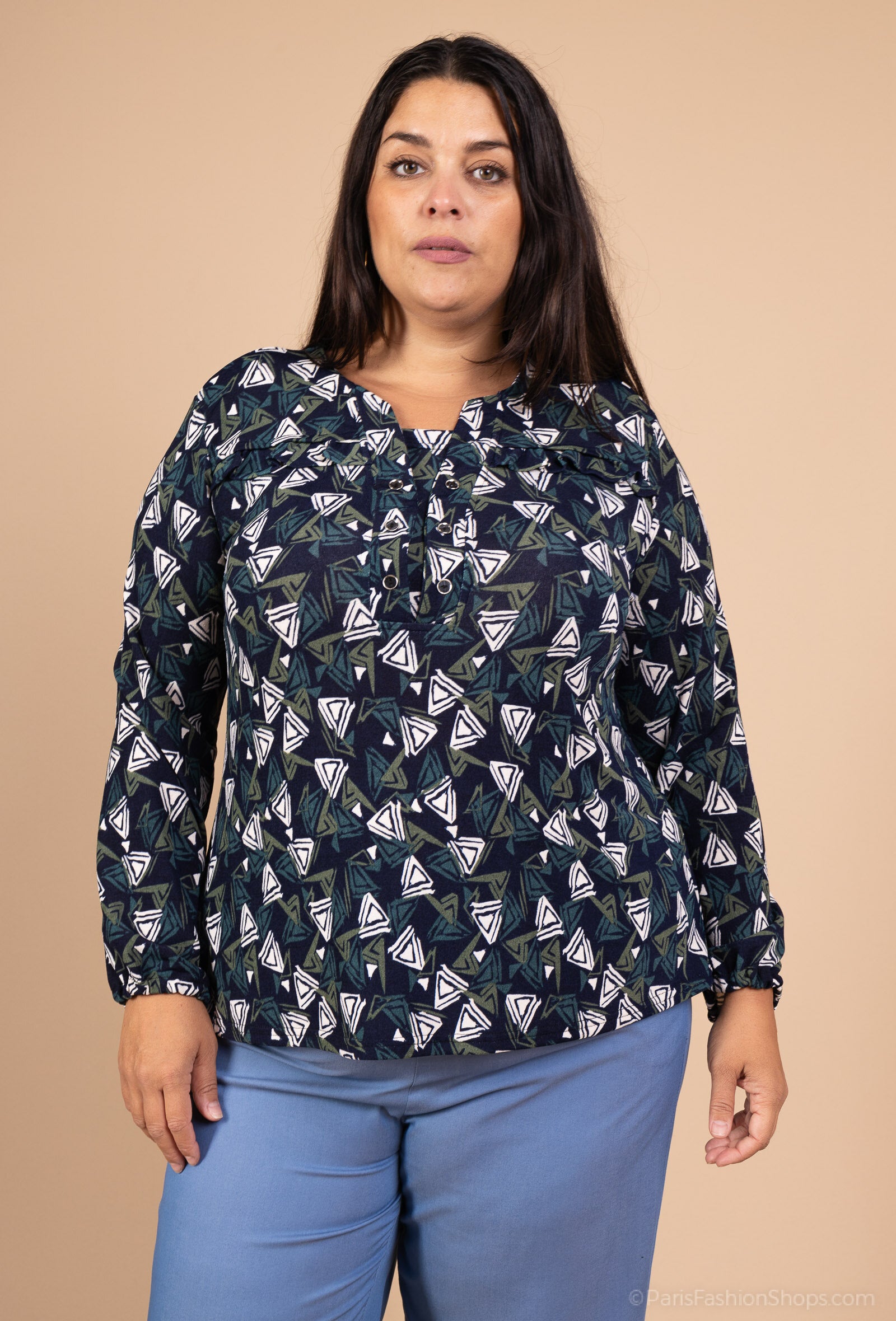 Plus Size Elastic Printed Tunic with Front Button