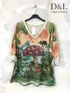 Tryckt tunika med V-ringning i storlek 38 till 50 | Stor Storlek