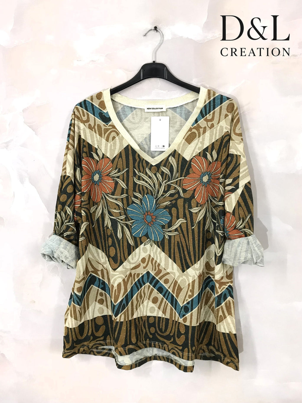 Plus Size Printed tunic with V-neck size 38 to 50