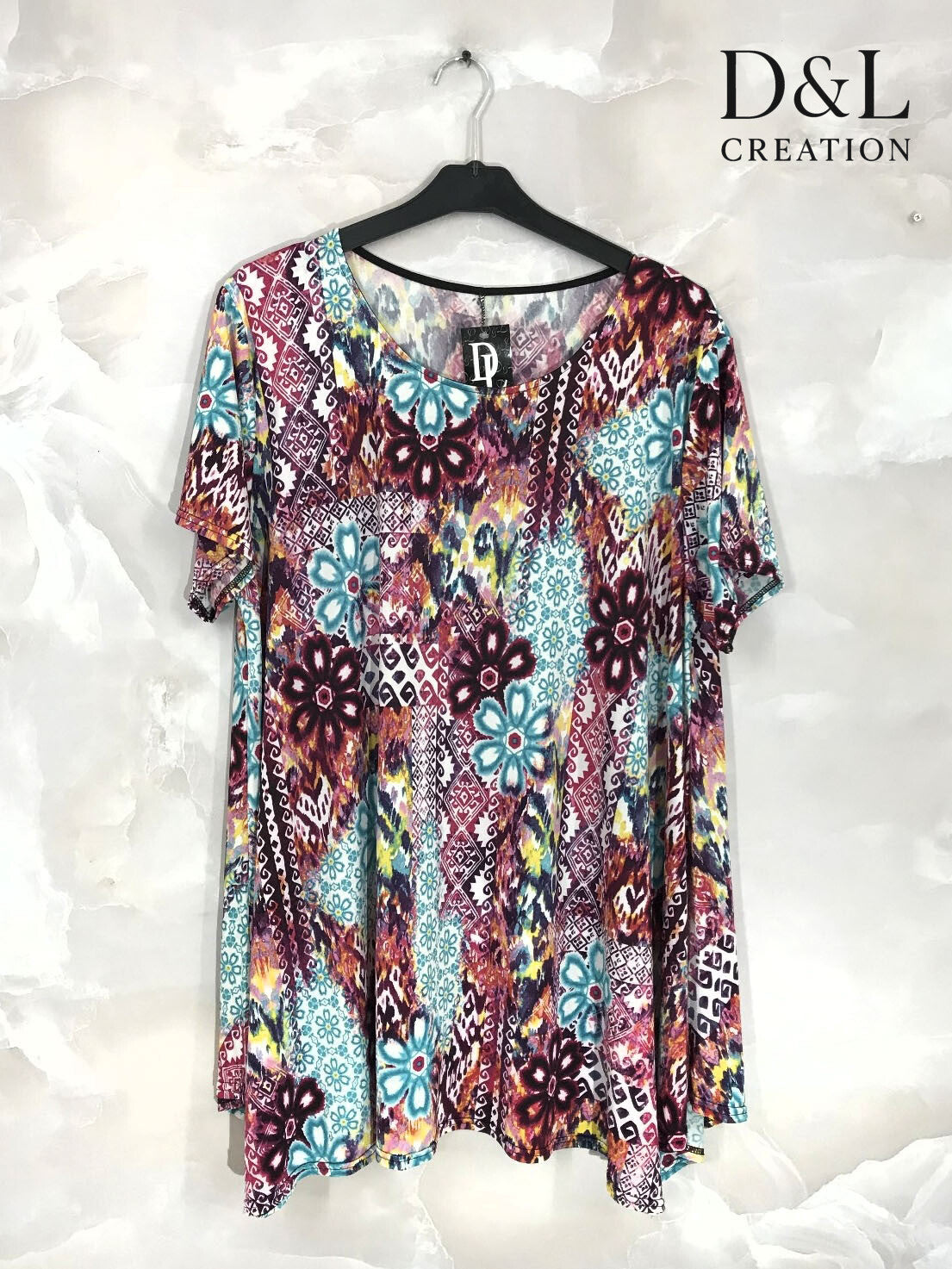 Printed flared fluid short-sleeved tunic size 40 to 52 i Stor Storlek
