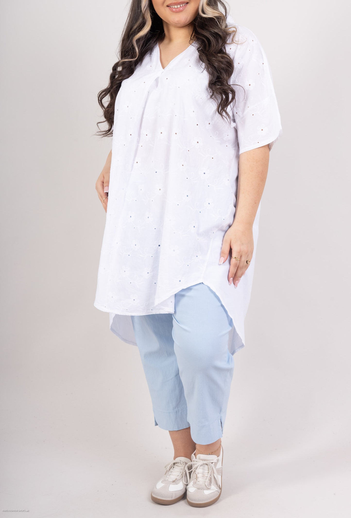Plus Size Long tunic or short cotton dress with english embroideries