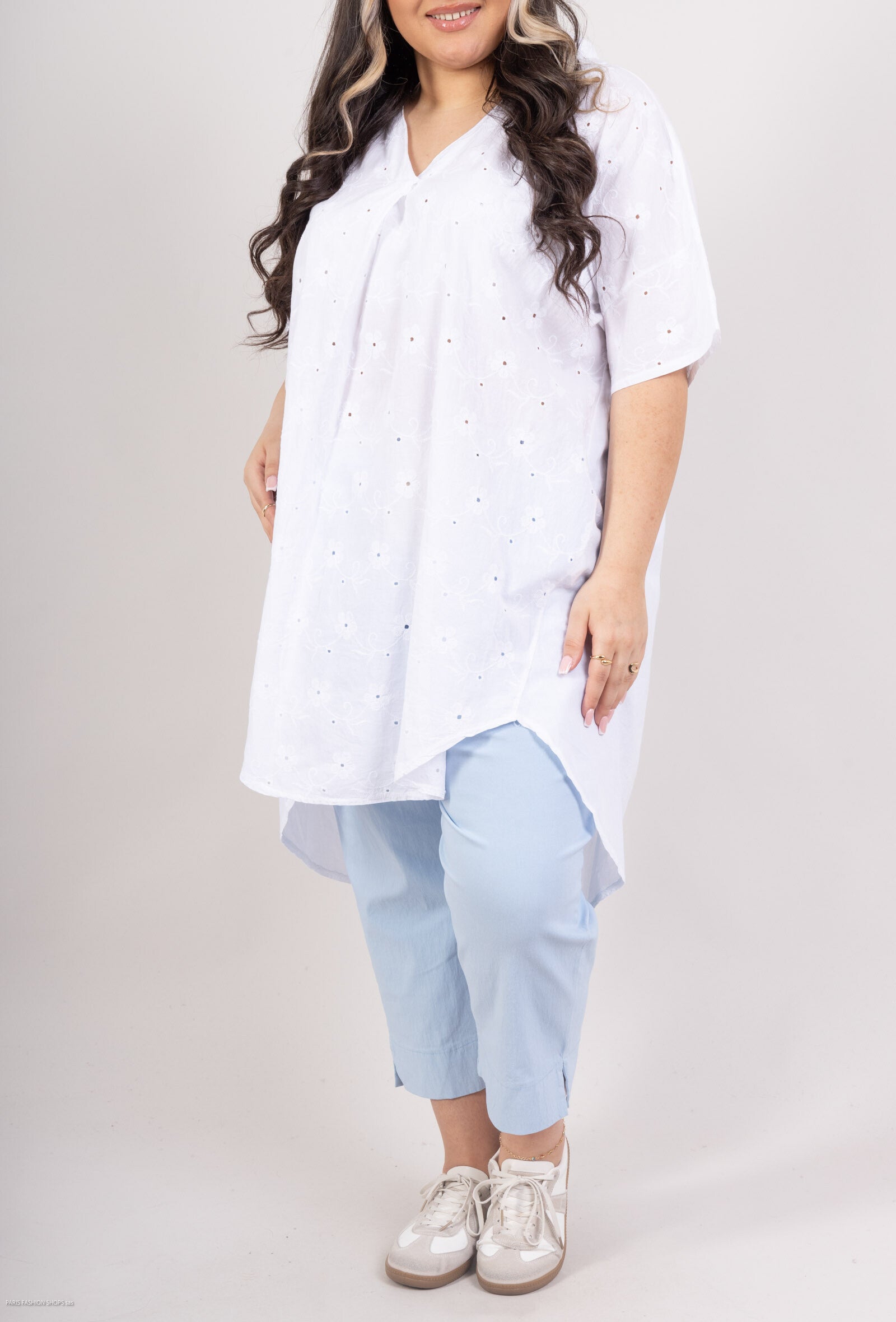 Plus Size Long tunic or short cotton dress with english embroideries