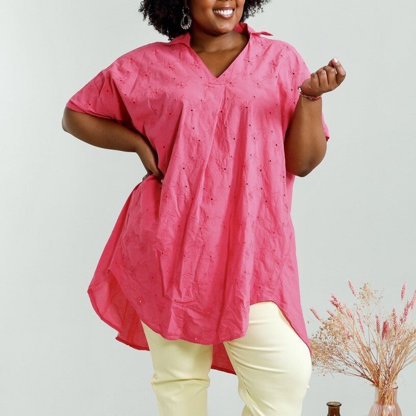 Plus Size Long tunic or short cotton dress with english embroideries
