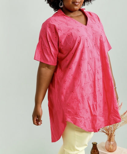 Plus Size Lång Tunika eller Kort Bomberklänning med Engelska Broderier