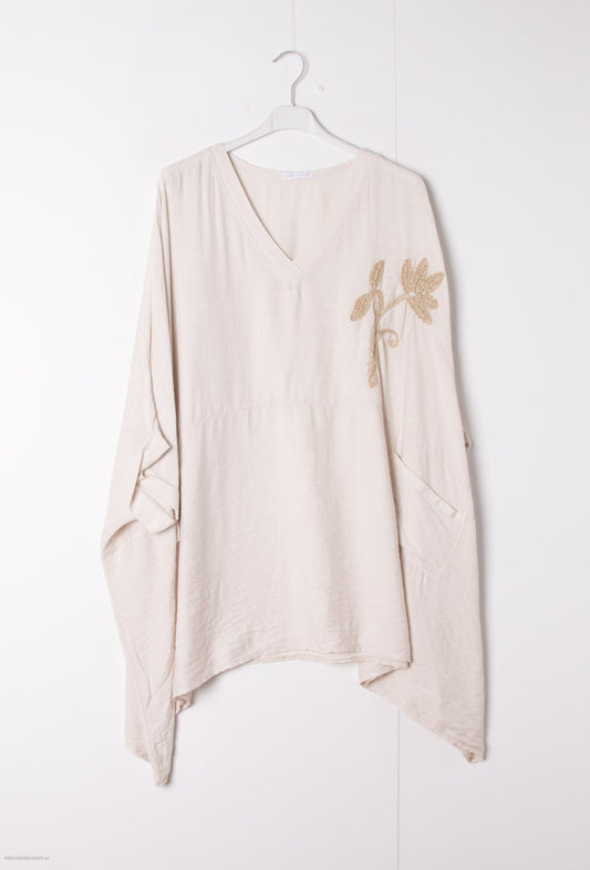 Plus Size Oversized V-neck Tunic with Embroidered Flower