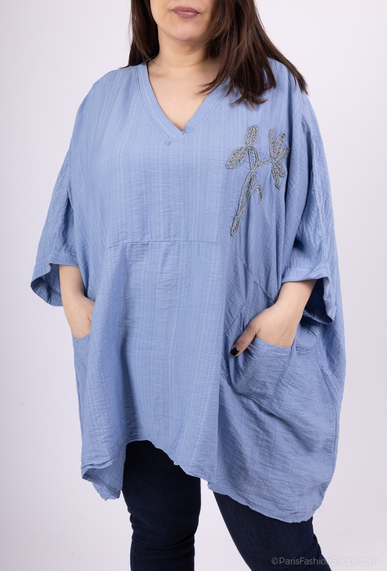 Plus Size Oversized V-neck tunic with big embroidered flower