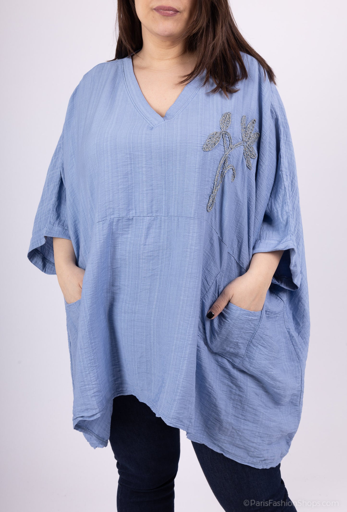 Plus Size Oversized V-neck tunic with big embroidered flower