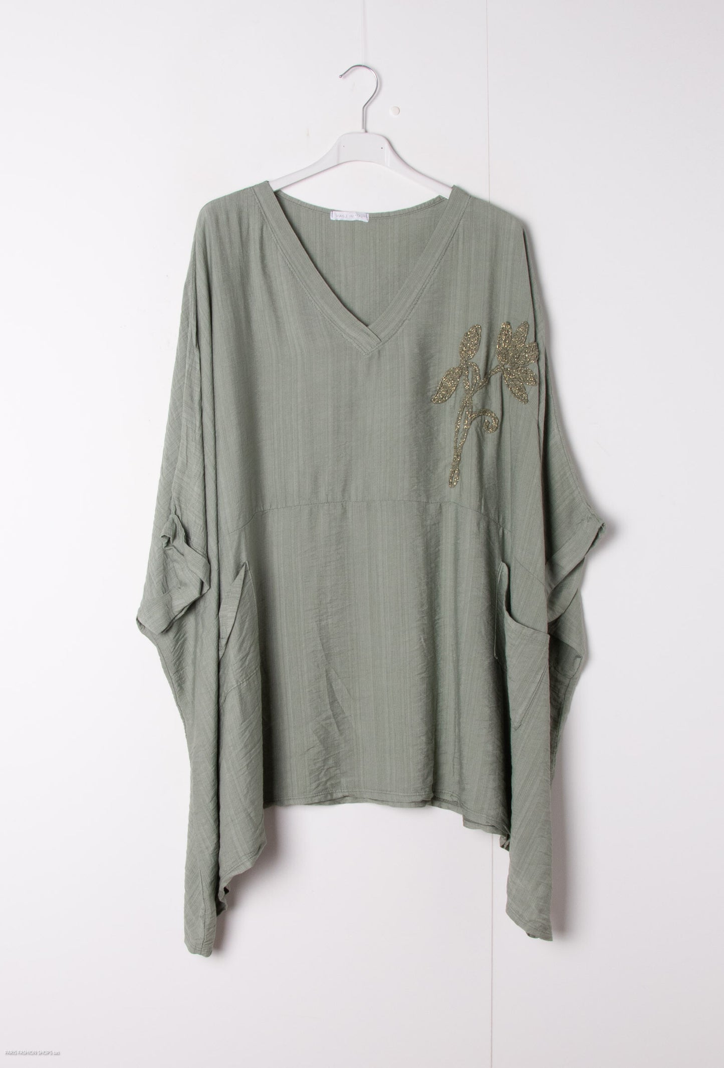 Plus Size Oversized V-neck tunic with big embroidered flower