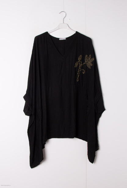 Plus Size Oversized V-neck tunic with big embroidered flower