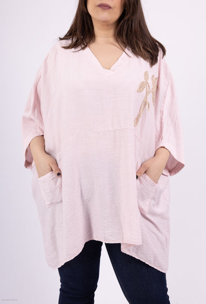 Plus Size Oversized V-neck tunic with big embroidered flower