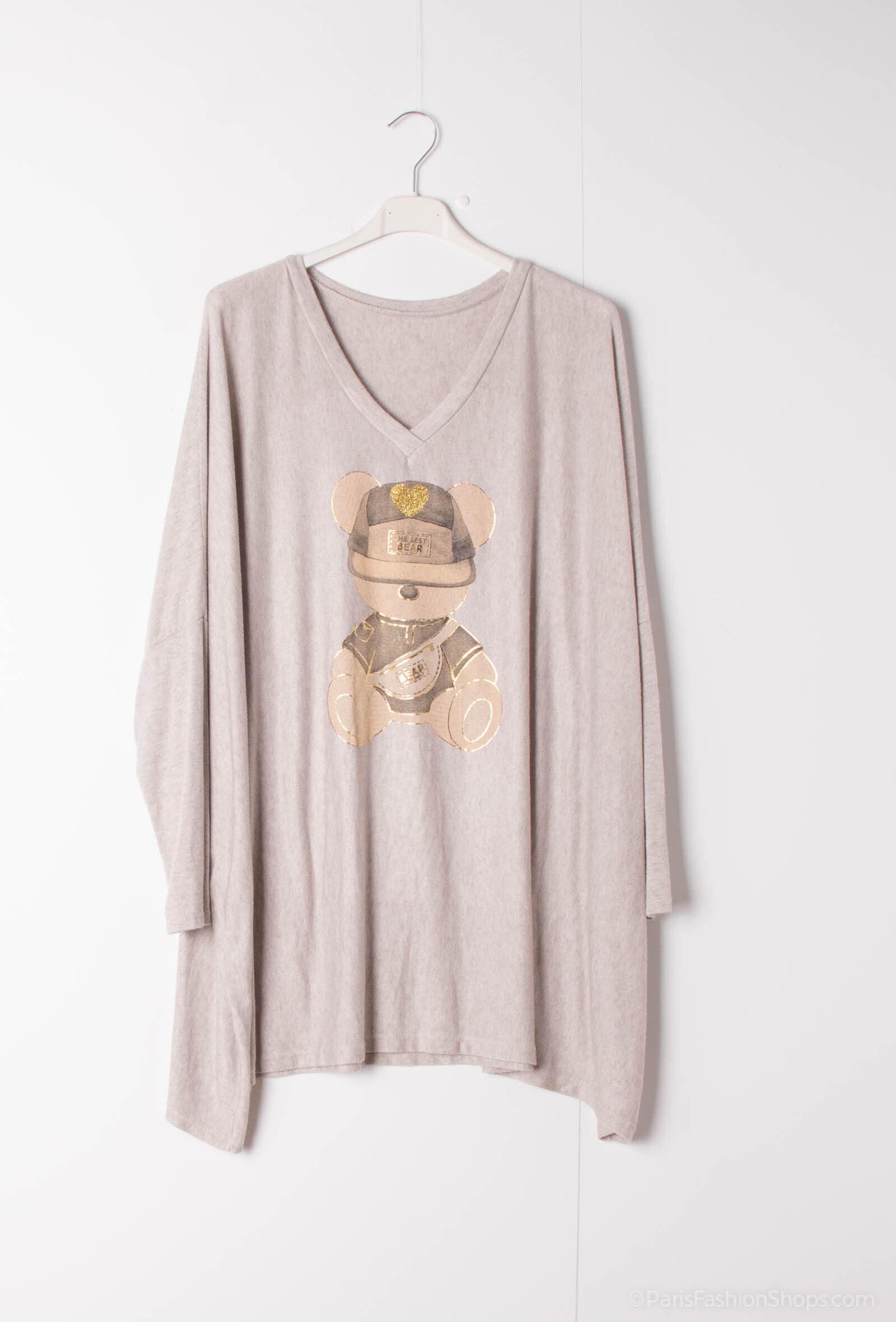 Plus Size Soft V-neck Oversized Sweater/Tunic with Bear Print