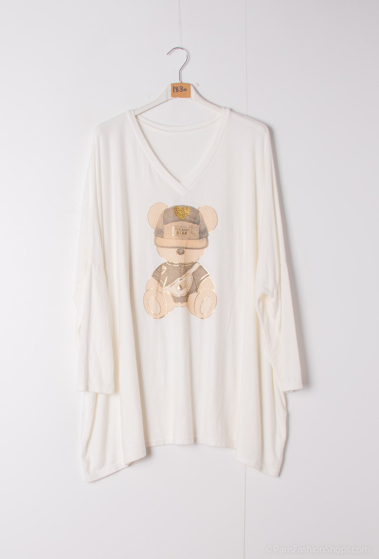Plus Size Soft V-neck oversized sweater/tunic with bear print