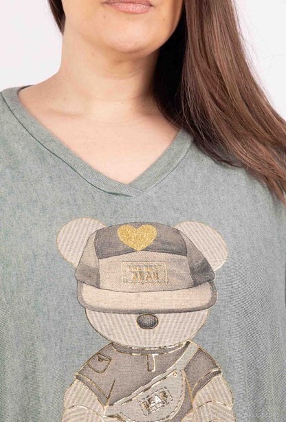Plus Size Soft V-neck Oversized Sweater/Tunic with Bear Print