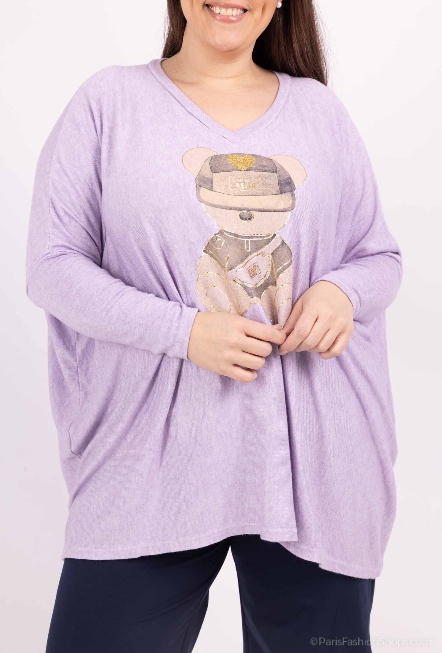Plus Size Soft V-neck oversized sweater/tunic with bear print