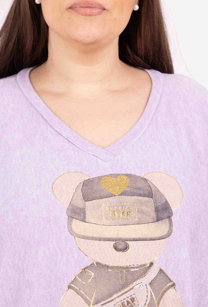 Plus Size Soft V-neck Oversized Sweater/Tunic with Bear Print
