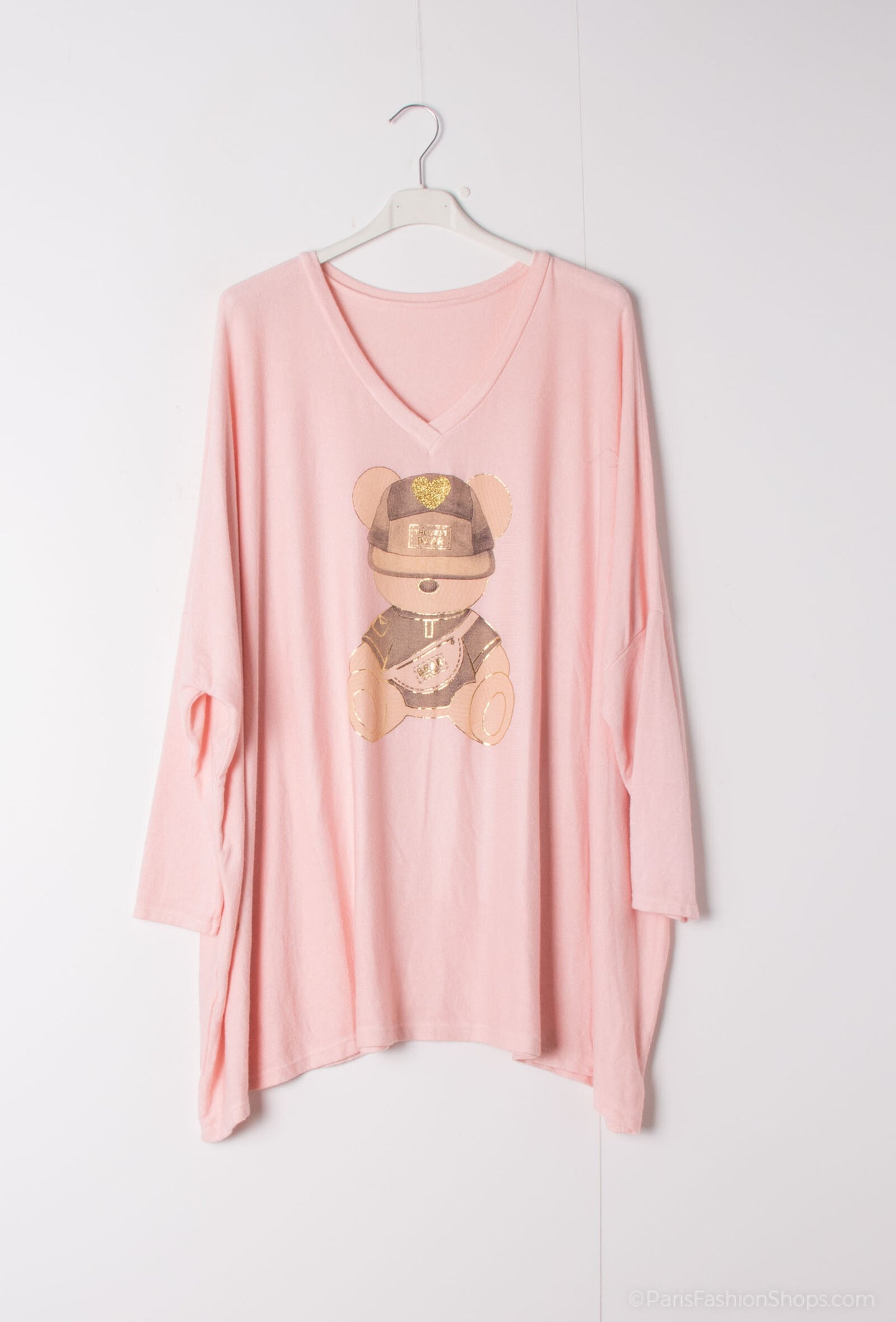 Plus Size Soft V-neck oversized sweater/tunic with bear print