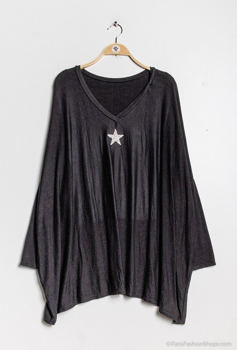 Mjuk V-ringad oversized tröja med stjärna i Stor Storlek