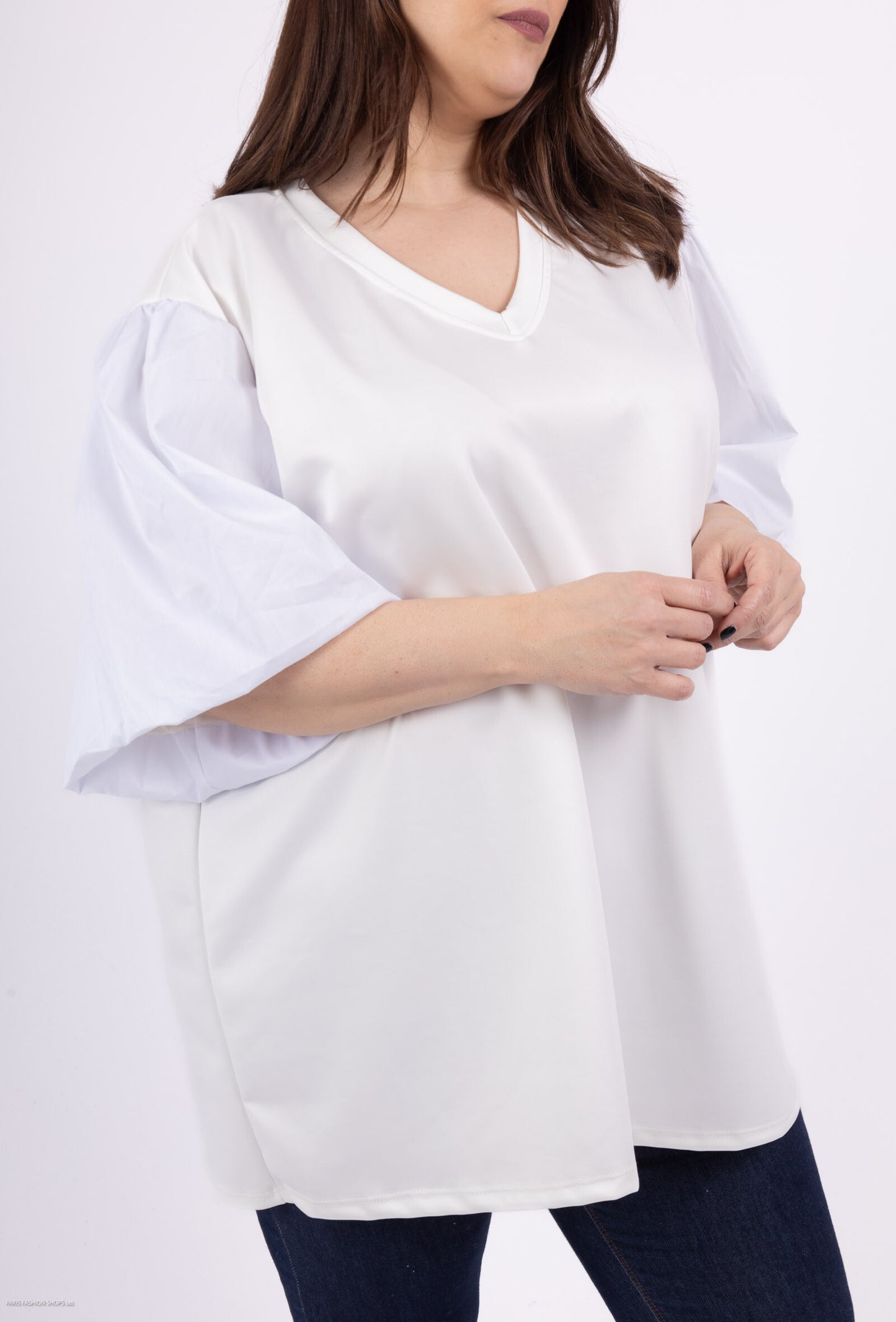Plus Size Two-tone/ bi-fabric V-neck tunic sweater