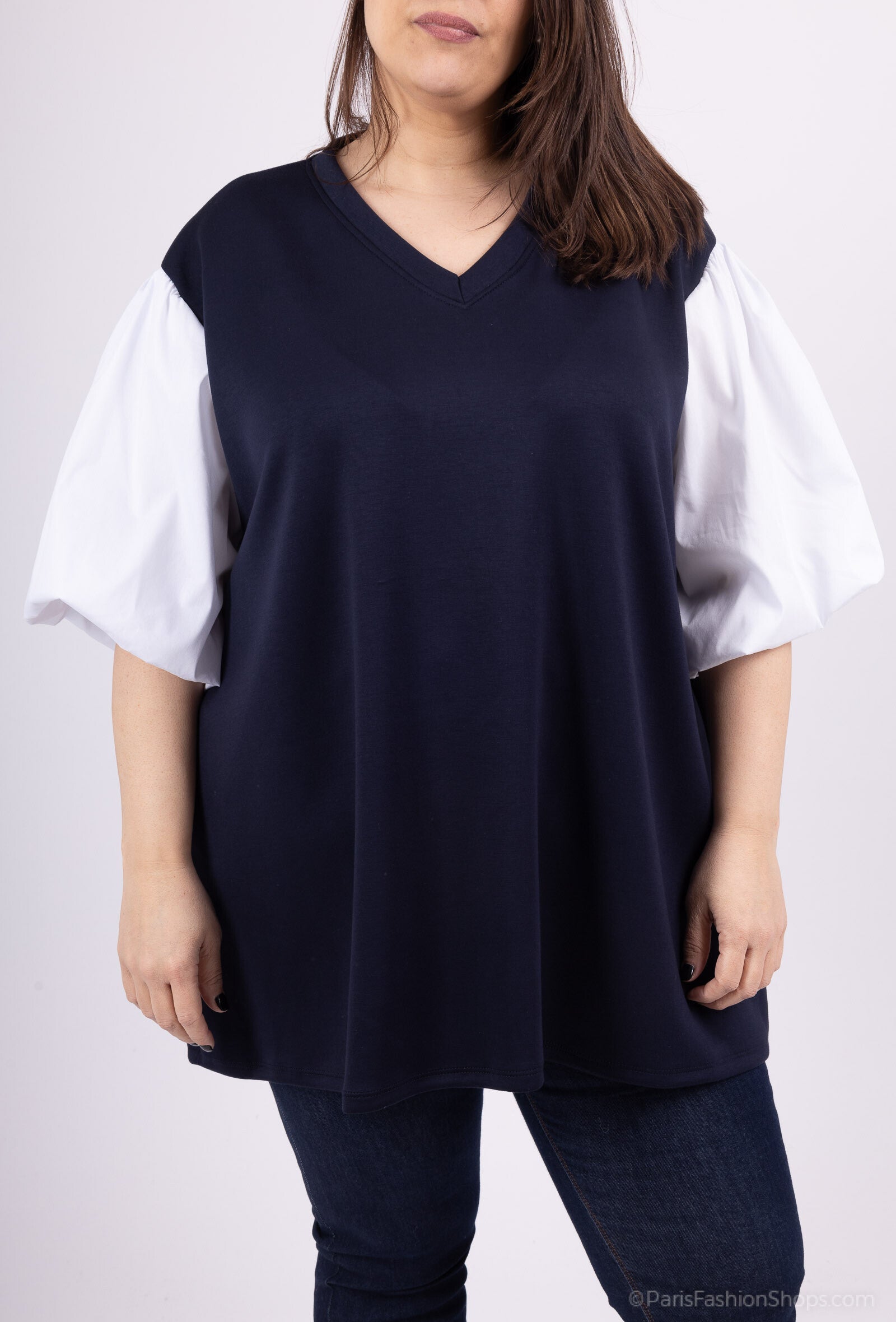 Plus Size Two-tone/ bi-fabric V-neck tunic sweater