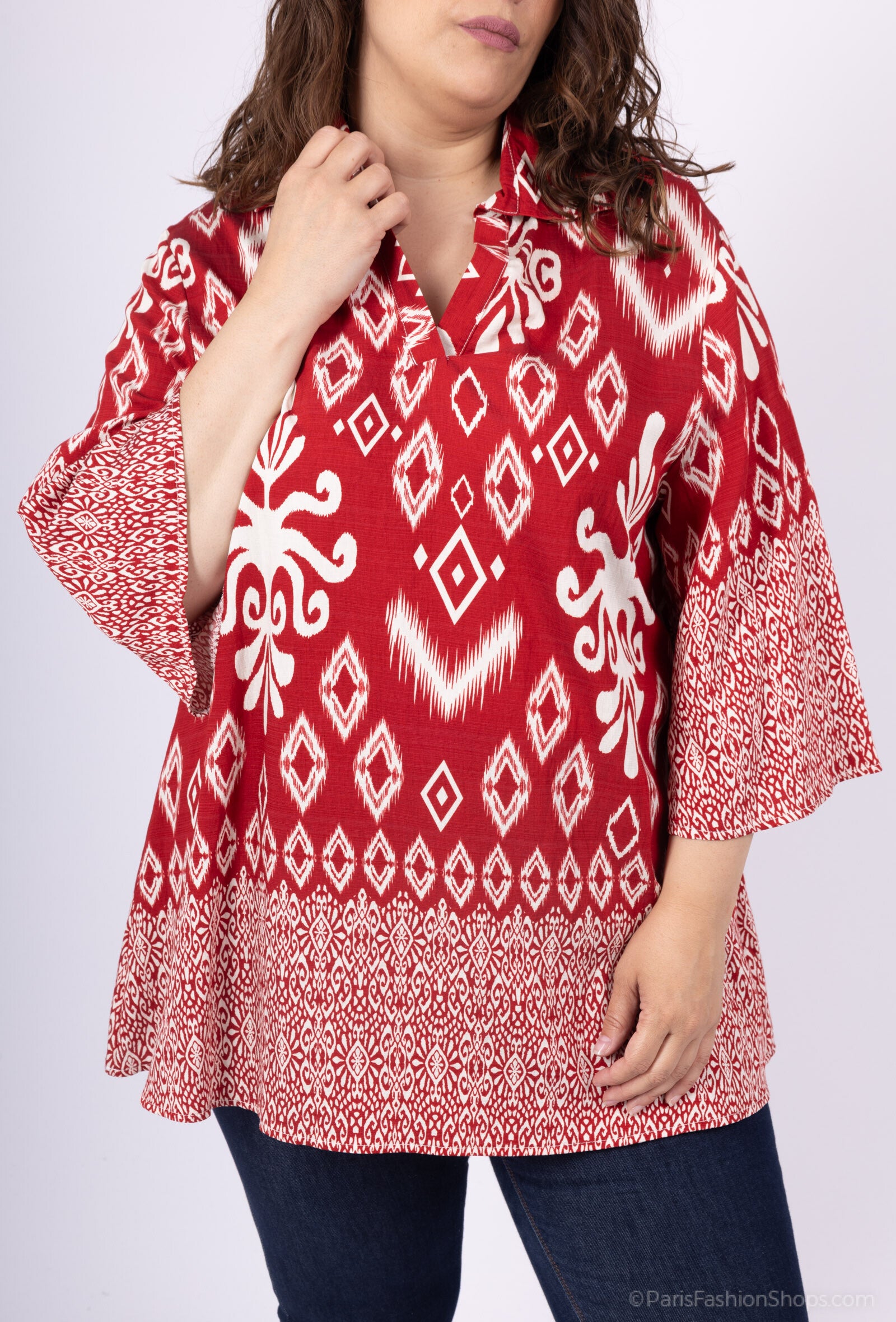 Plus Size Tunika med Stort Tryck och Krage