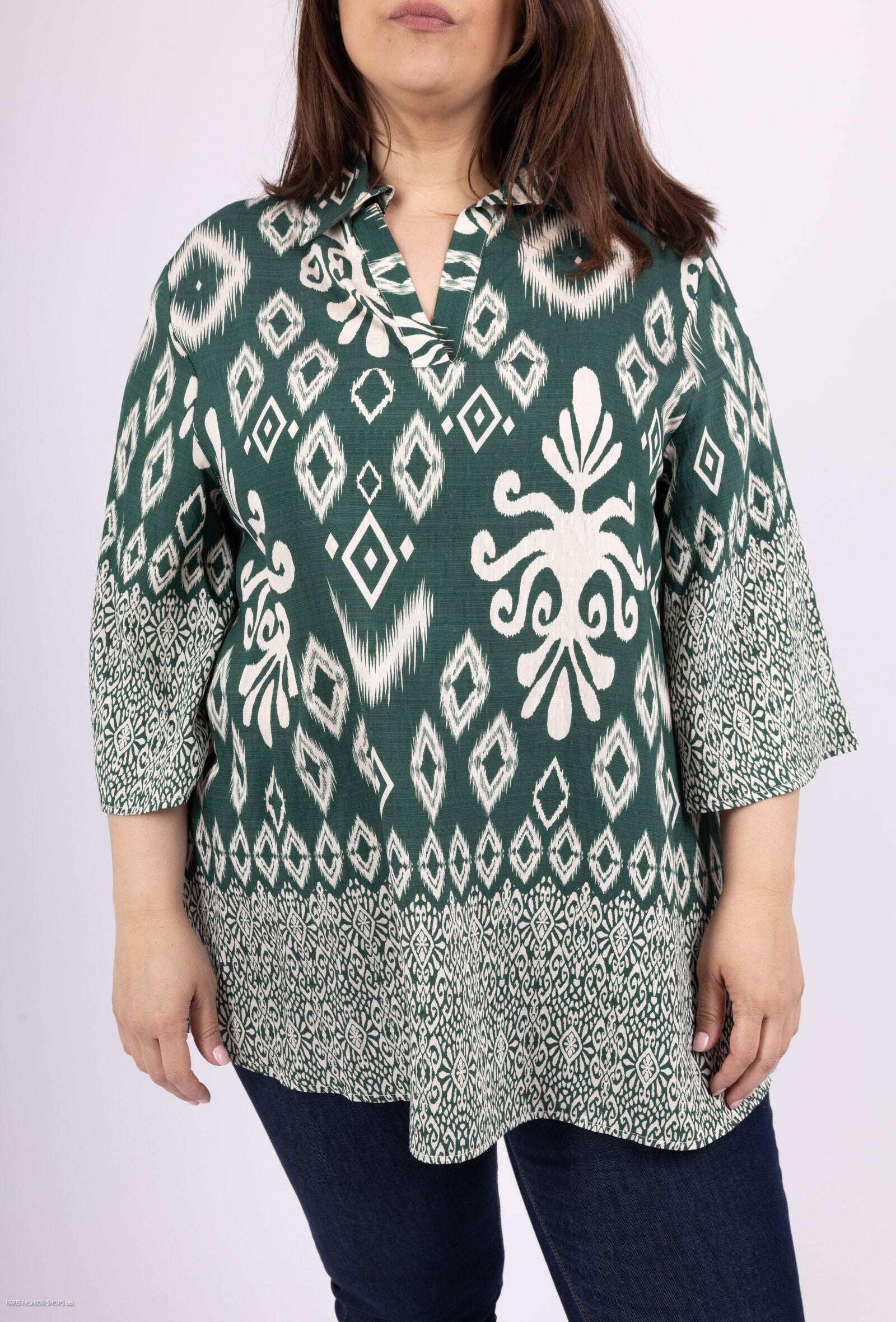 Plus Size Tunics with large print with collar shirts