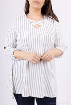 Plus Size Randig Tunika med Ärmar och Korskrage