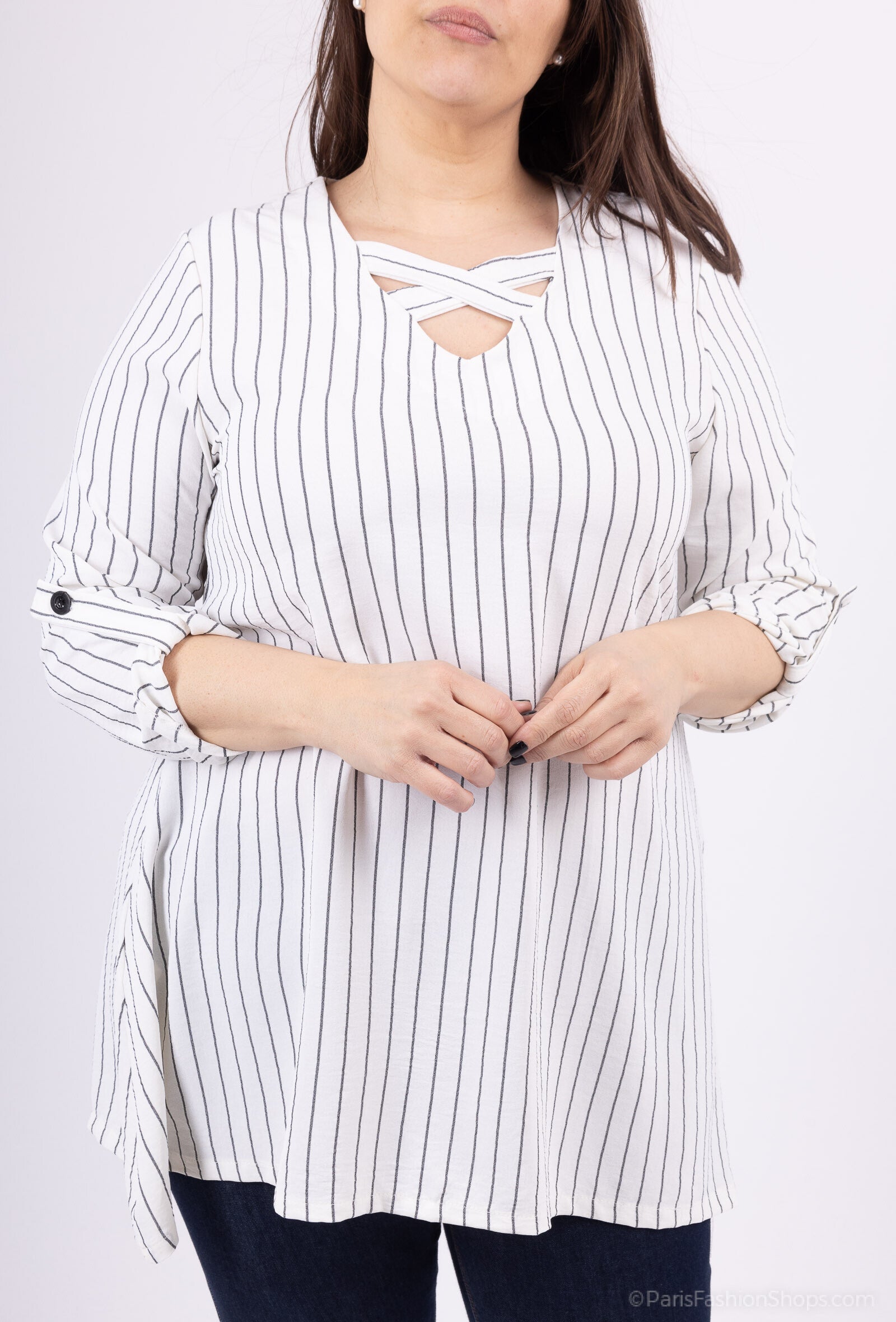 Plus Size Randig Tunika med Ärmar och Korskrage