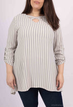 Plus Size Striped tunics in sleeve -legged with cross -collar