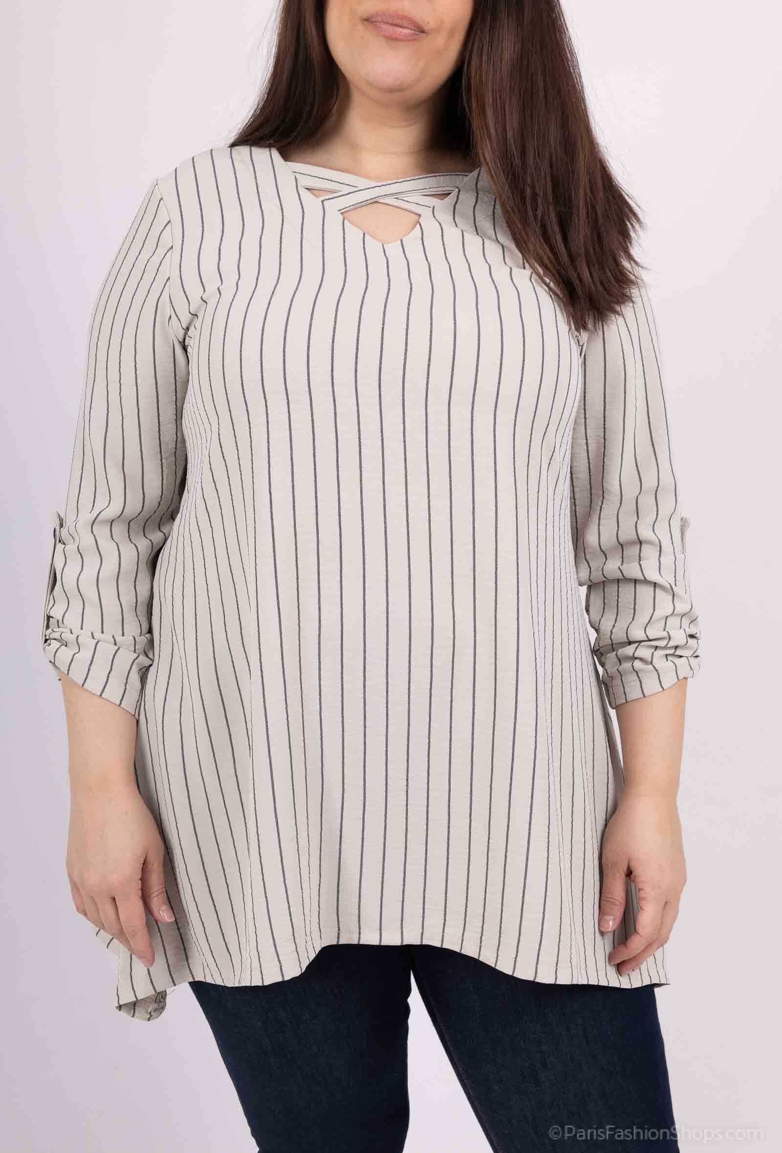 Plus Size Striped tunics in sleeve -legged with cross -collar