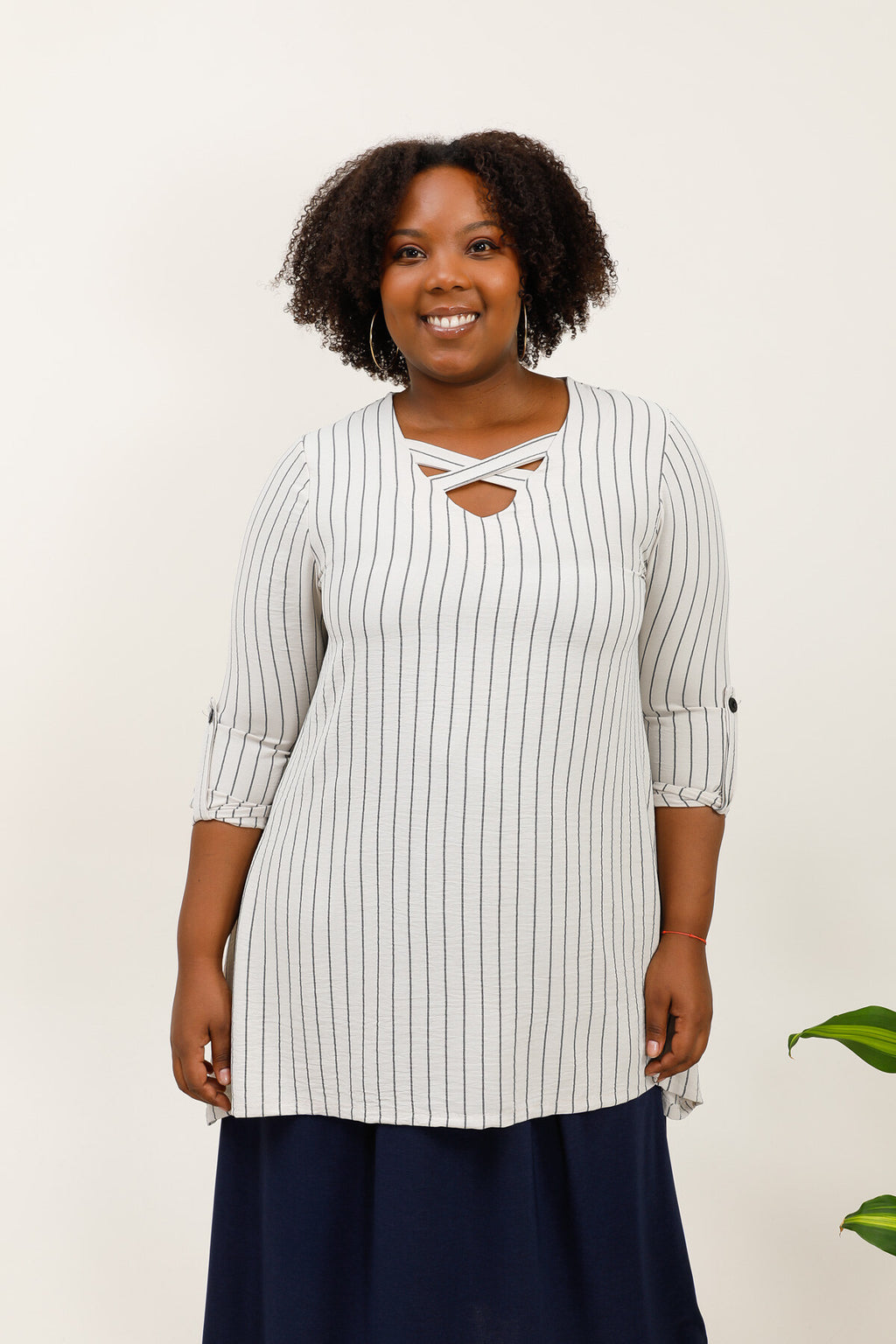 Striped tunics in sleeve -legged with cross -collar i Stor Storlek