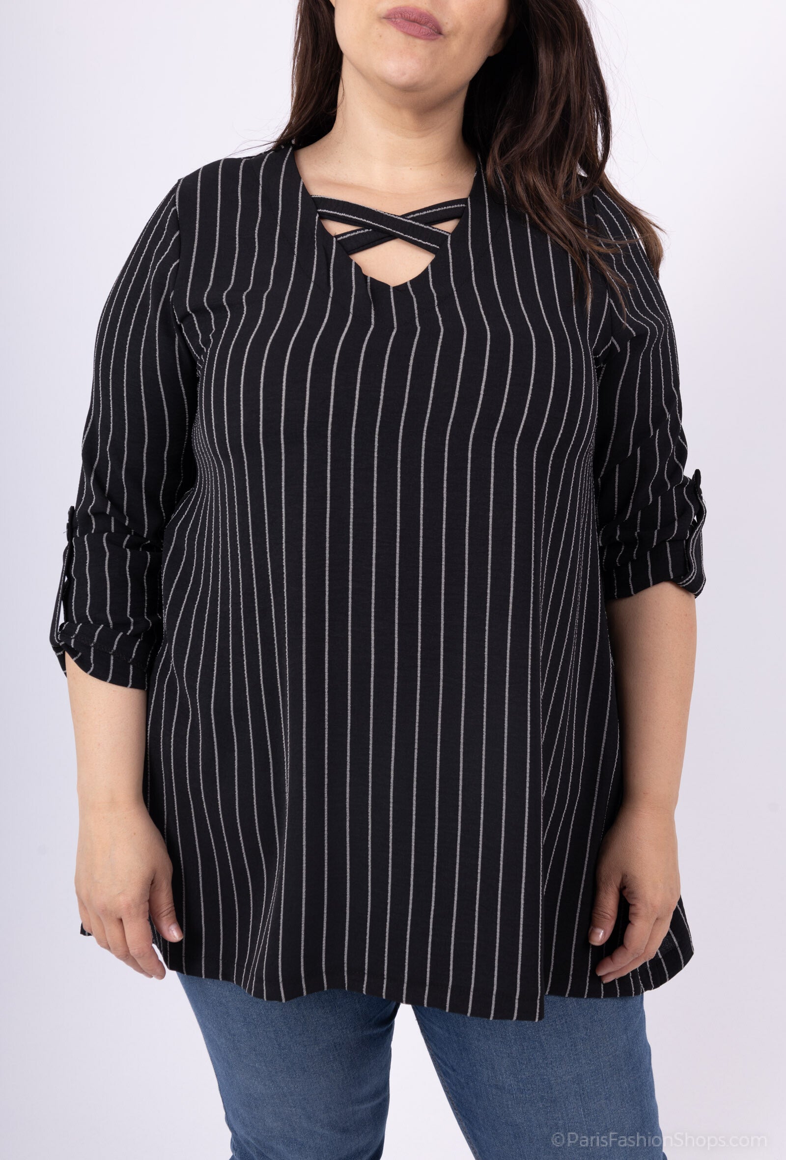 Plus Size Randig Tunika med Ärmar och Korskrage