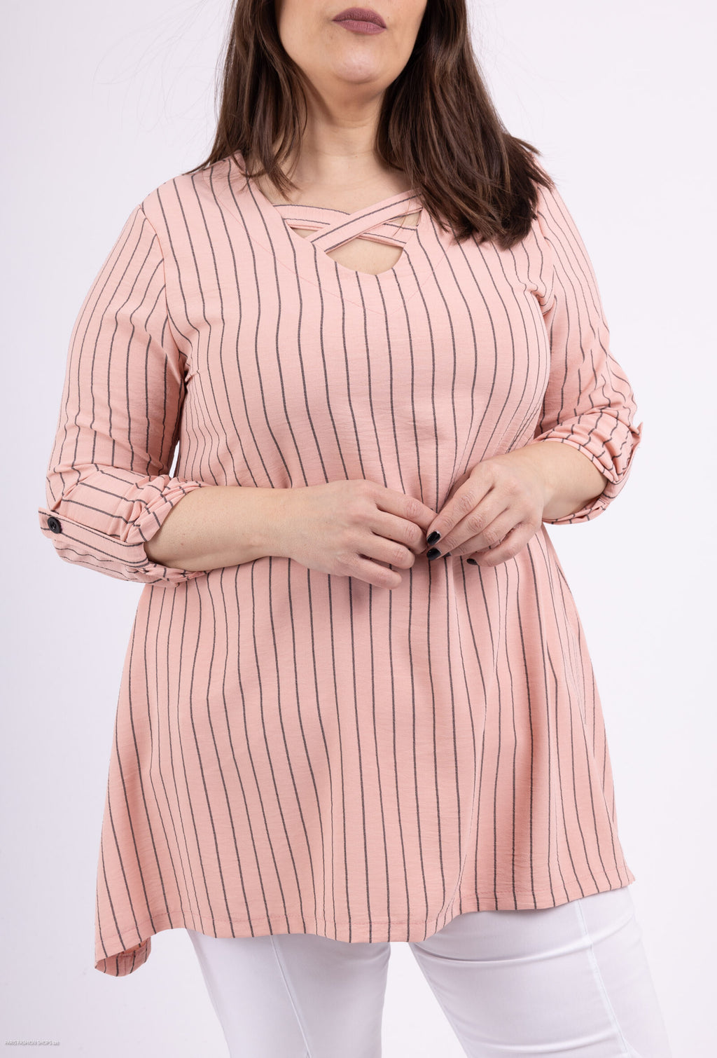 Plus Size Striped tunics in sleeve -legged with cross -collar
