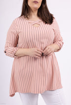 Plus Size Striped tunics in sleeve -legged with cross -collar