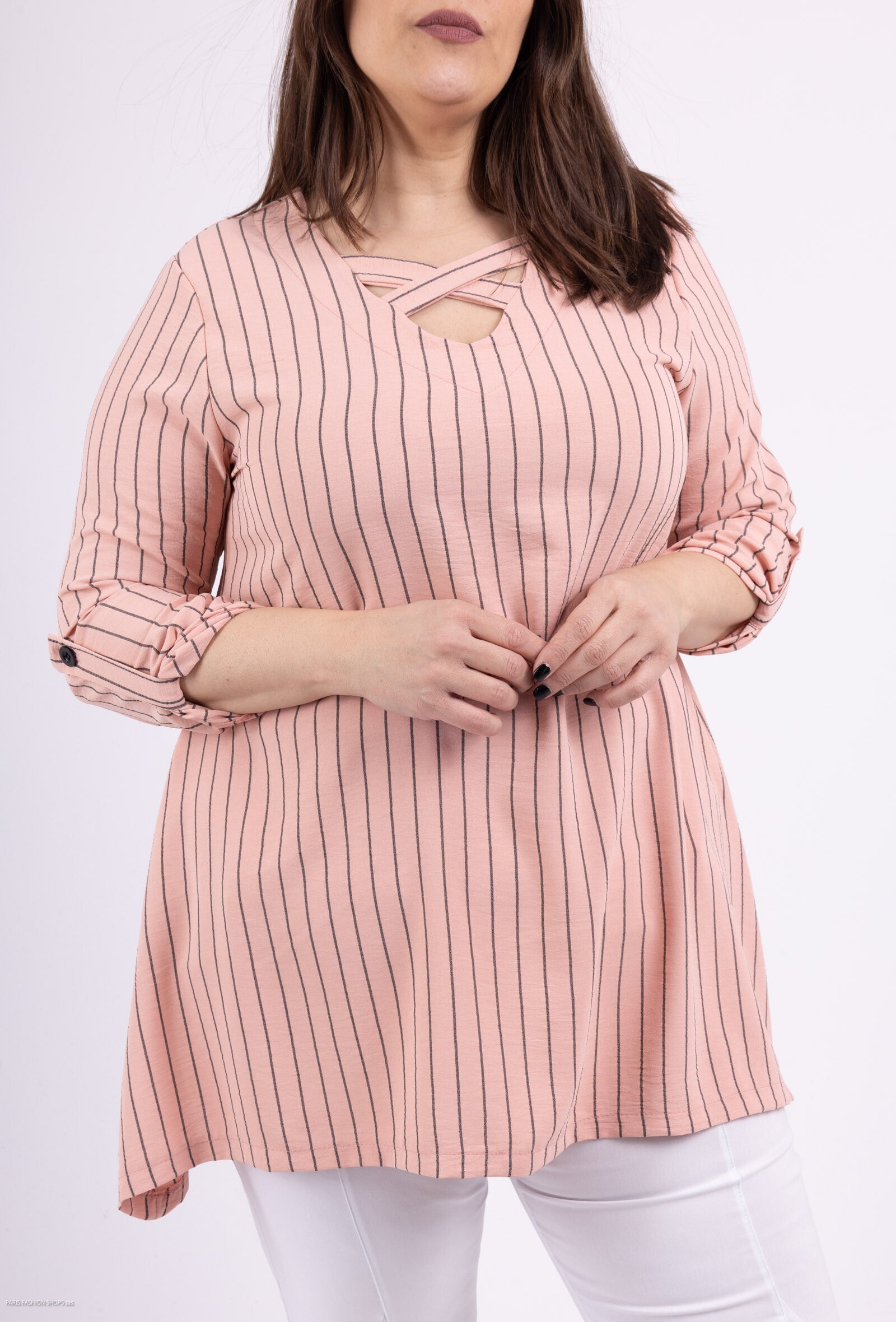 Plus Size Striped tunics in sleeve -legged with cross -collar