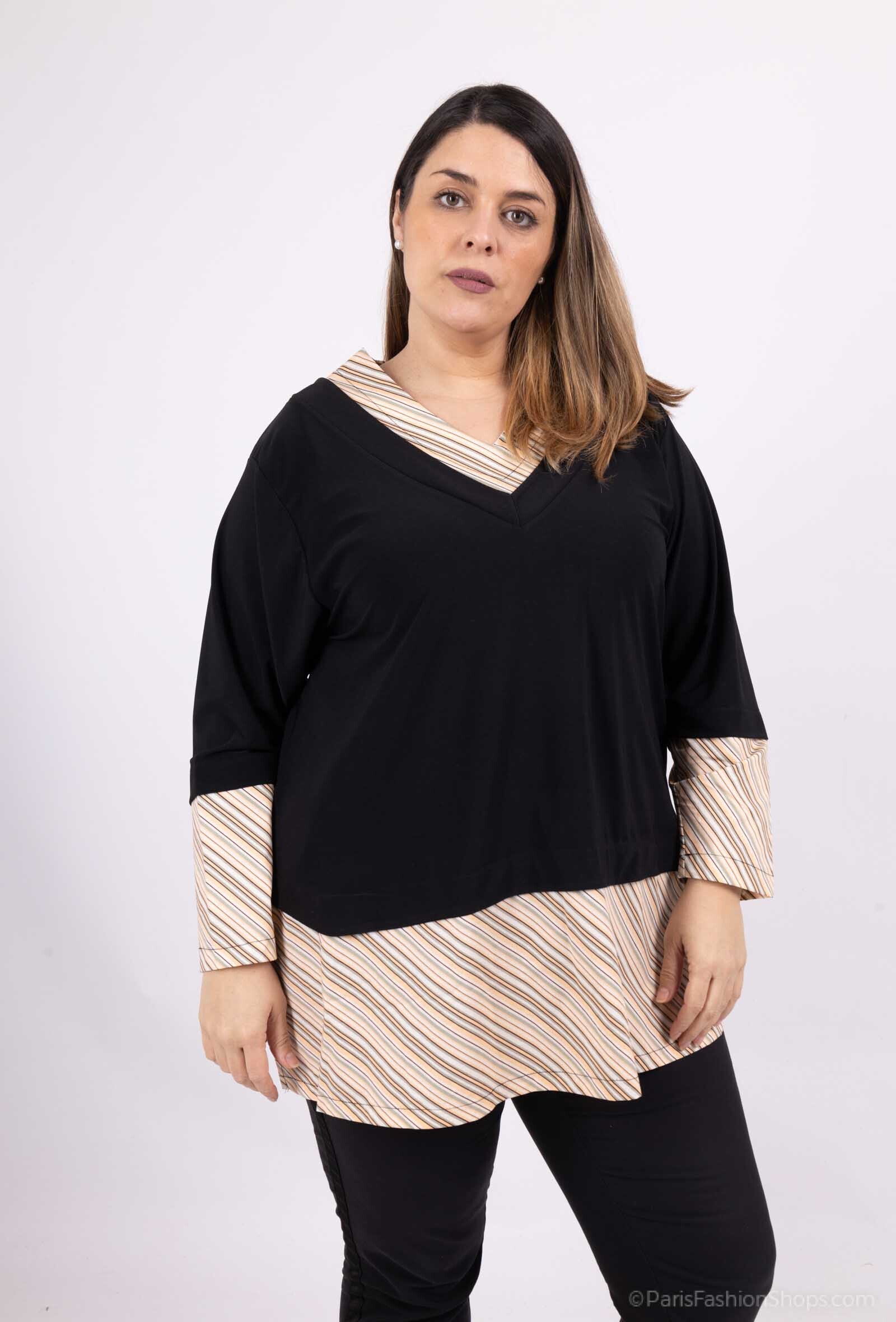 Plus Size Plain and striped V-neck tunics