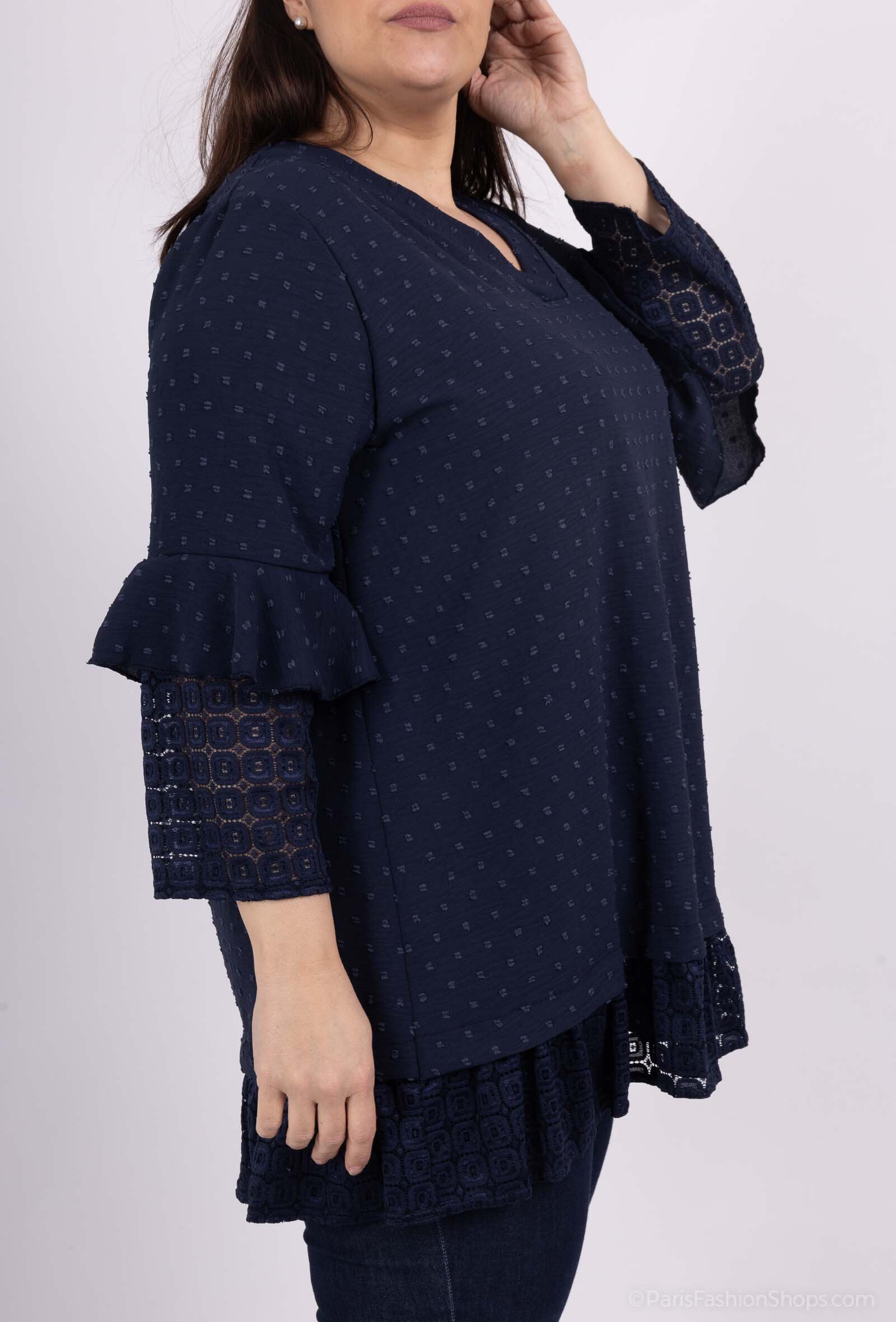Plus Size Ruffled Tunic med Spetsärmar