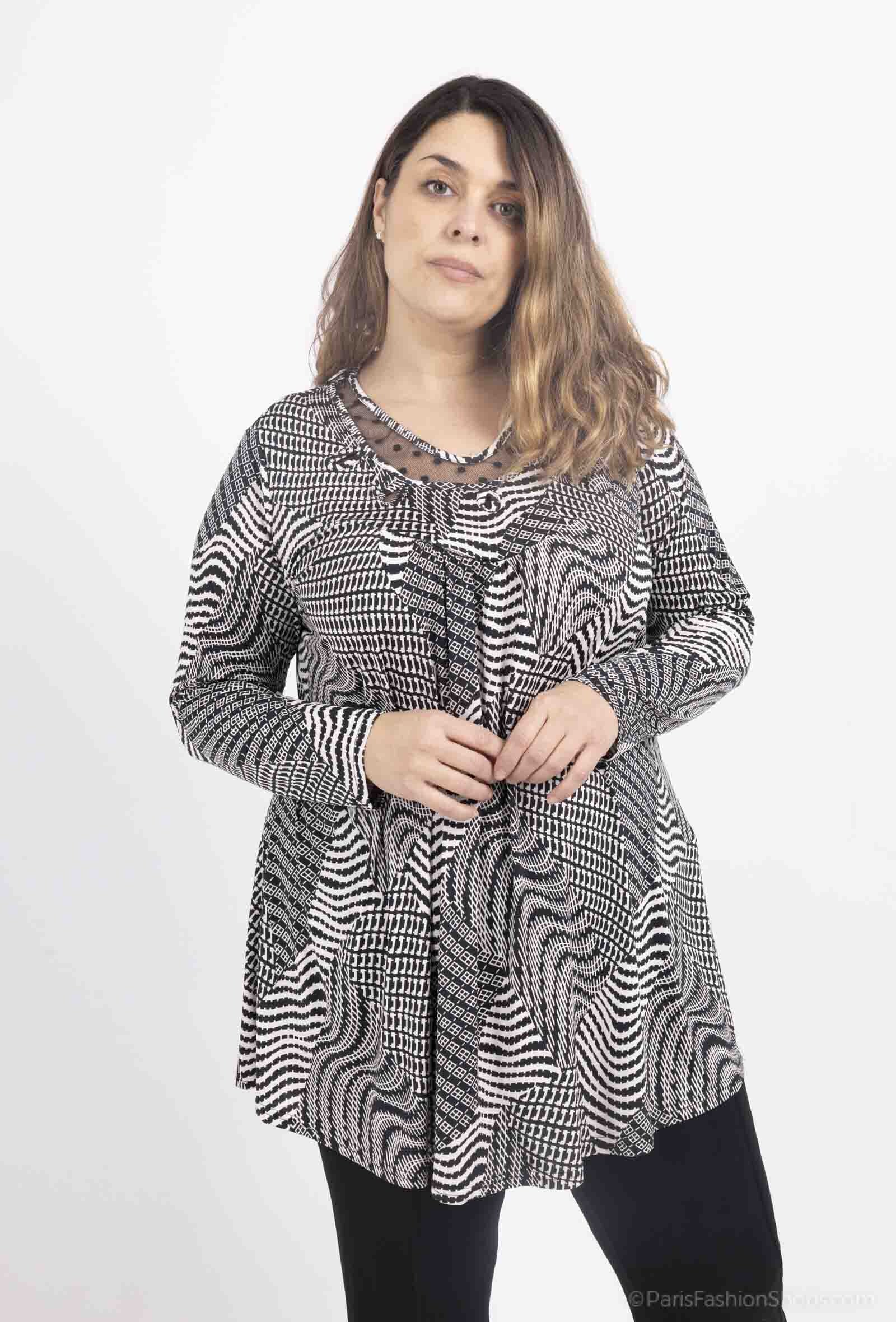 Plus Size Tunika med Öppen Krage i Mönster