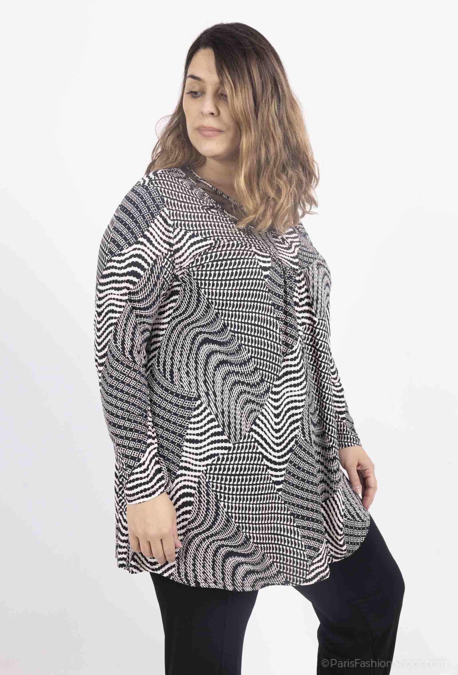 Plus Size Tunika med Öppen Krage i Mönster