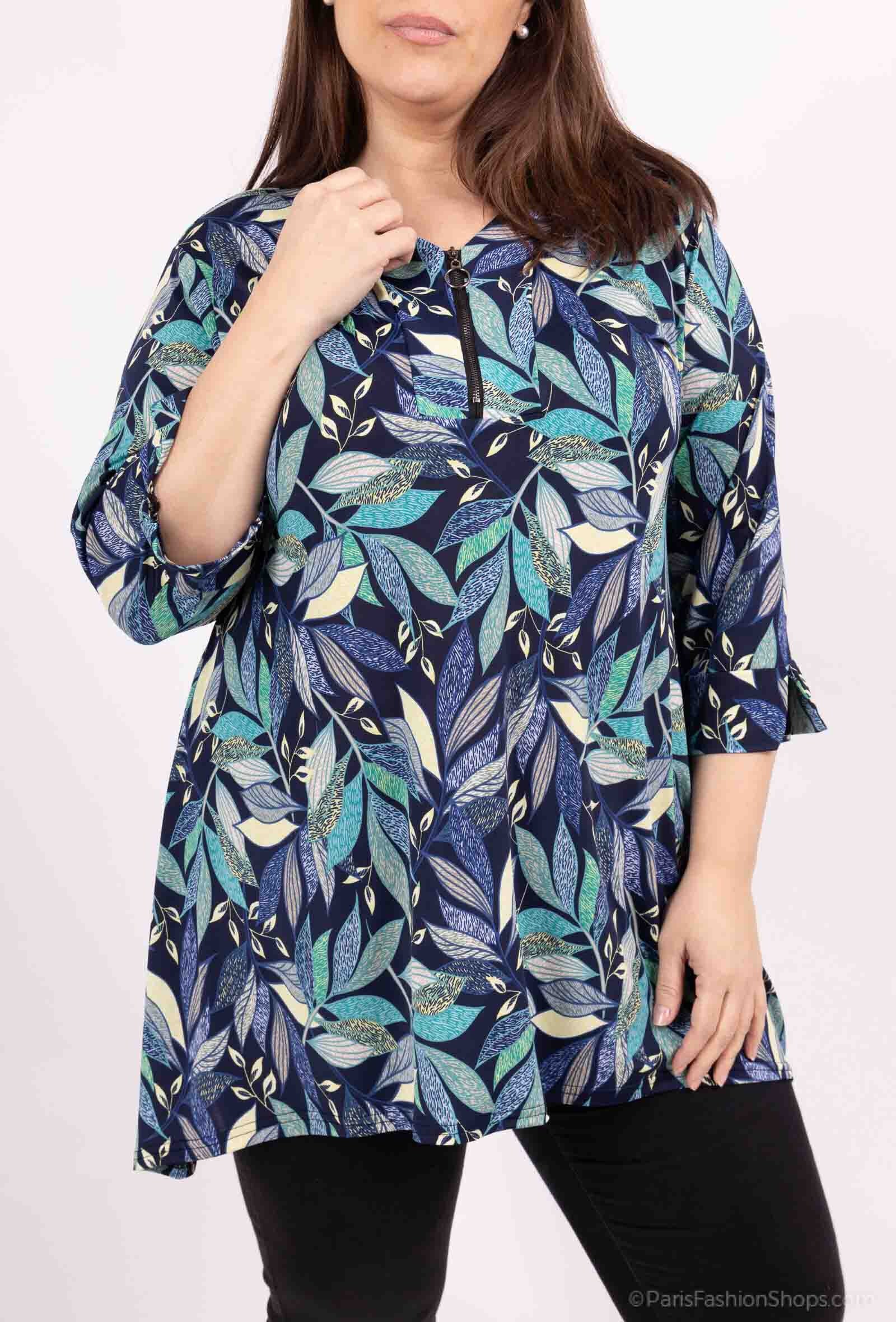 Plus Size ZIP V-neck Mönstrad Tunika
