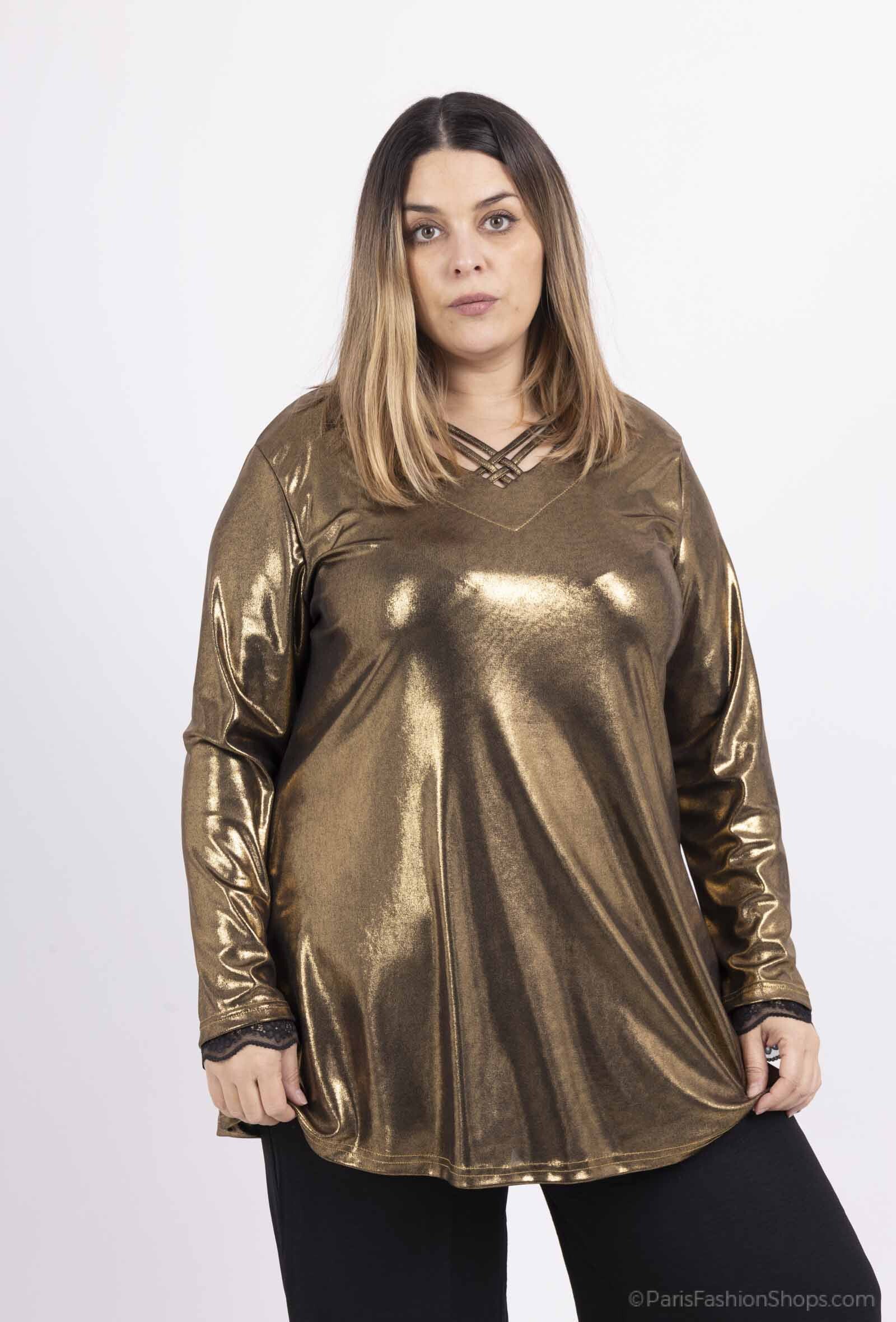 Plus Size Sequined tunics with crossed collar and sleeves with lace