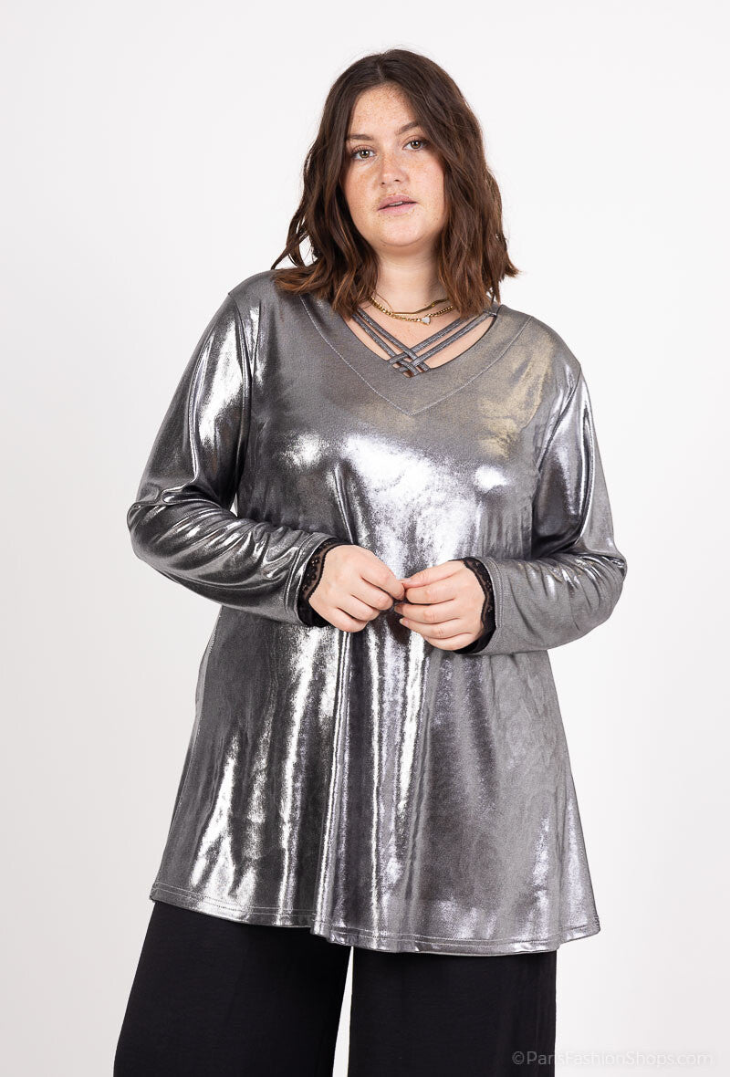 Plus Size Paljetttunika med Korsad Krage och Spetsärmar