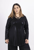 Plus Size Paljetttunika med Korsad Krage och Spetsärmar