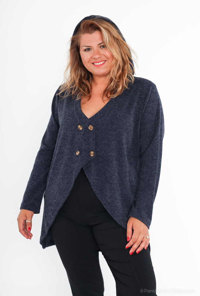 Plus Size Hooded Knit Button Jacket
