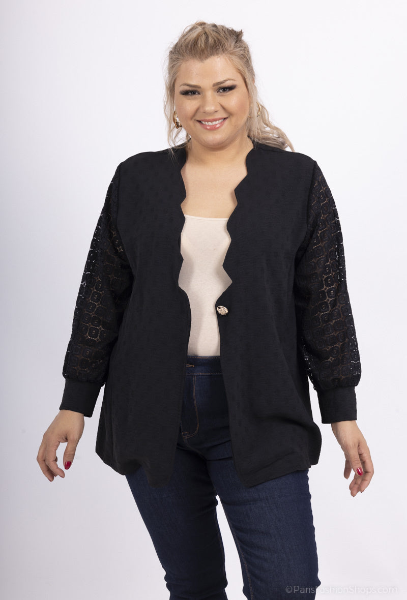 Plus Size Knapplång Jacka med Spetsärmar