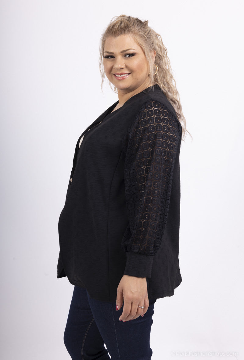 Plus Size Knapplång Jacka med Spetsärmar