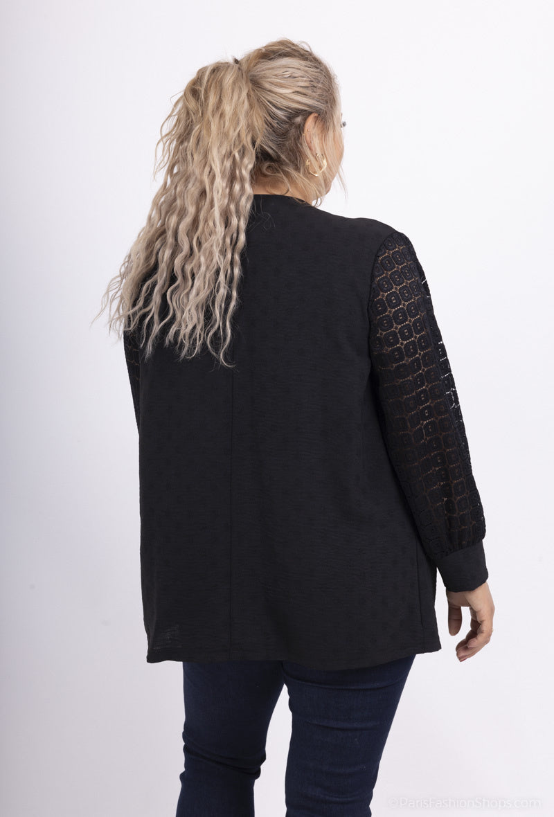 Plus Size Knapplång Jacka med Spetsärmar