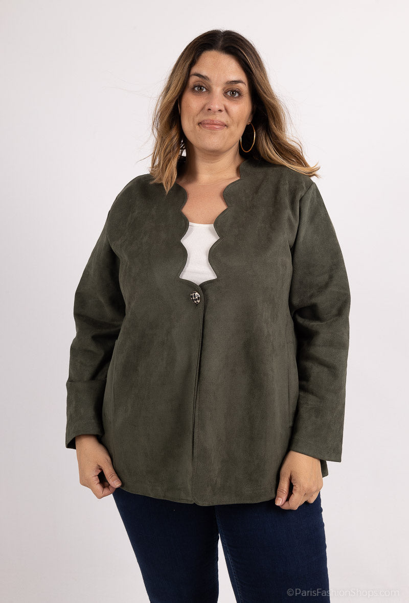 Plus Size Suede jacket with half-circle neckline